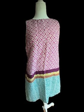 LOFT Linen Colorblock Shift Dress | Geometric Print | Size 14